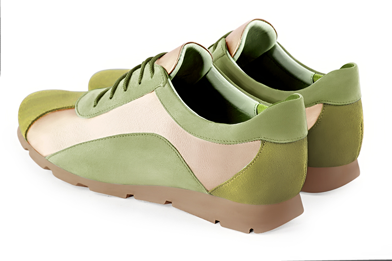 Pistachio green and gold women's three-tone elegant sneakers. Round toe. Flat rubber soles. Rear view - Florence KOOIJMAN